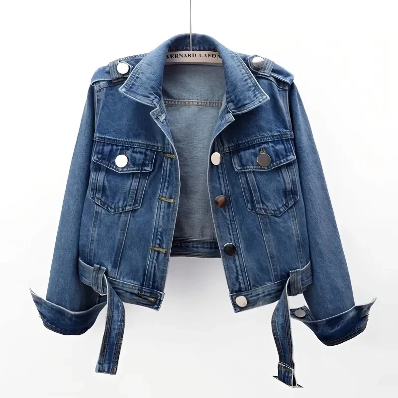 

Women Vintage Blue Loose Short Denim Coat Female Casual Hem Belt Pockets Jeans Jacket Cowboy Outwear Korean Streetwear Chaquetas