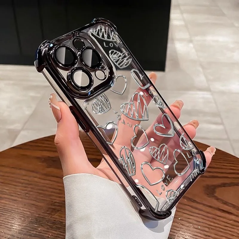 Silver Love Heart Plating Case For Oppo A98 A97 A9 A79 A78 A76 A74 A72 A5 A54 A55 A17 A16 A15 A3 4G 5G Anti-Fall Cover