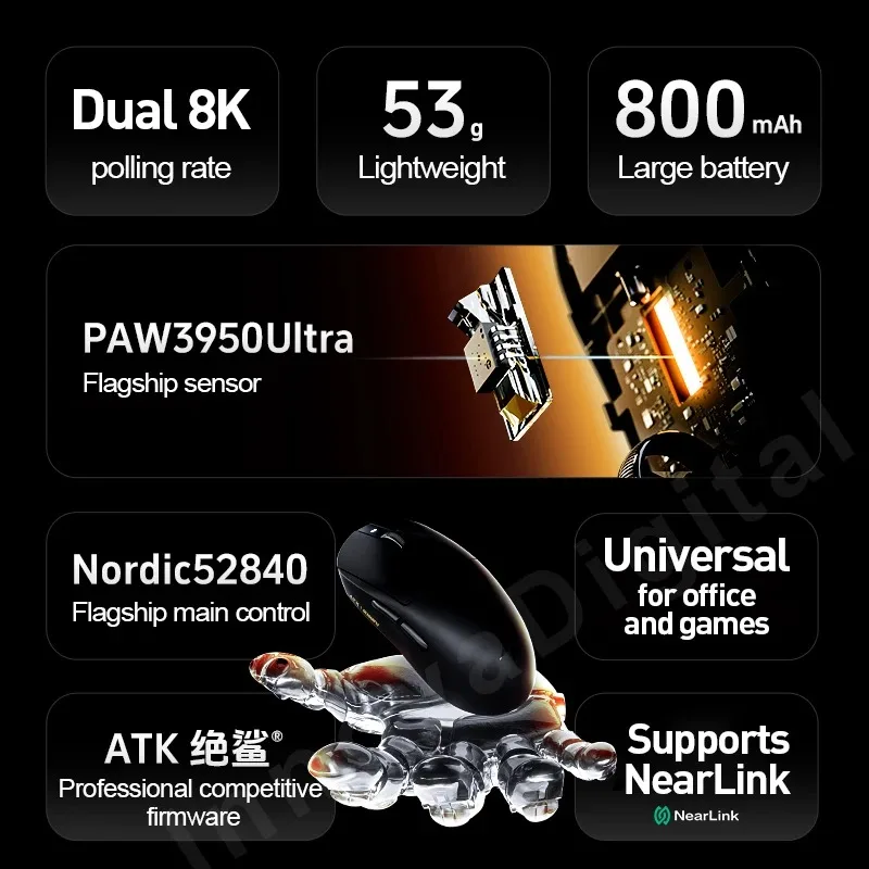 Фото Беспроводная игровая мышь ATK Dragonfly A9 Ultra с сенсором PAW3950, 8 кГц, три режима подключения, эргономичная, для киберспорта, FPS, A9 SE Plus №3