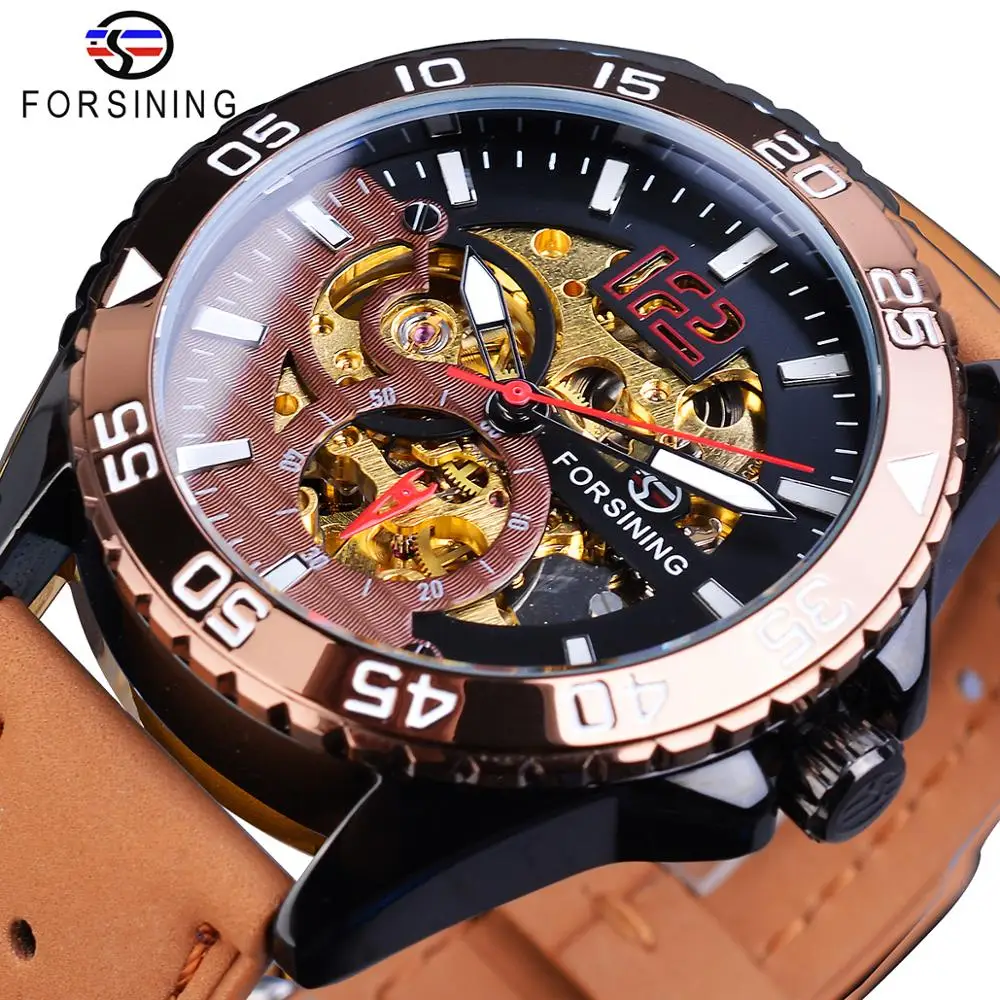 

2022 Brand Mens Watch Automatic Sports Casual Brown Genuine Leather Strap Skeleton Luminous Hands Mechanical Wrist Watches