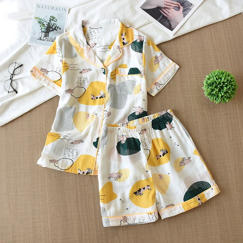 2023 New 100% Cotton Short-sleeved Shorts Ladies Pajamas Set Cute Cartoon Pajamas Japanese Simple Short Pajamas Sleepwear Women