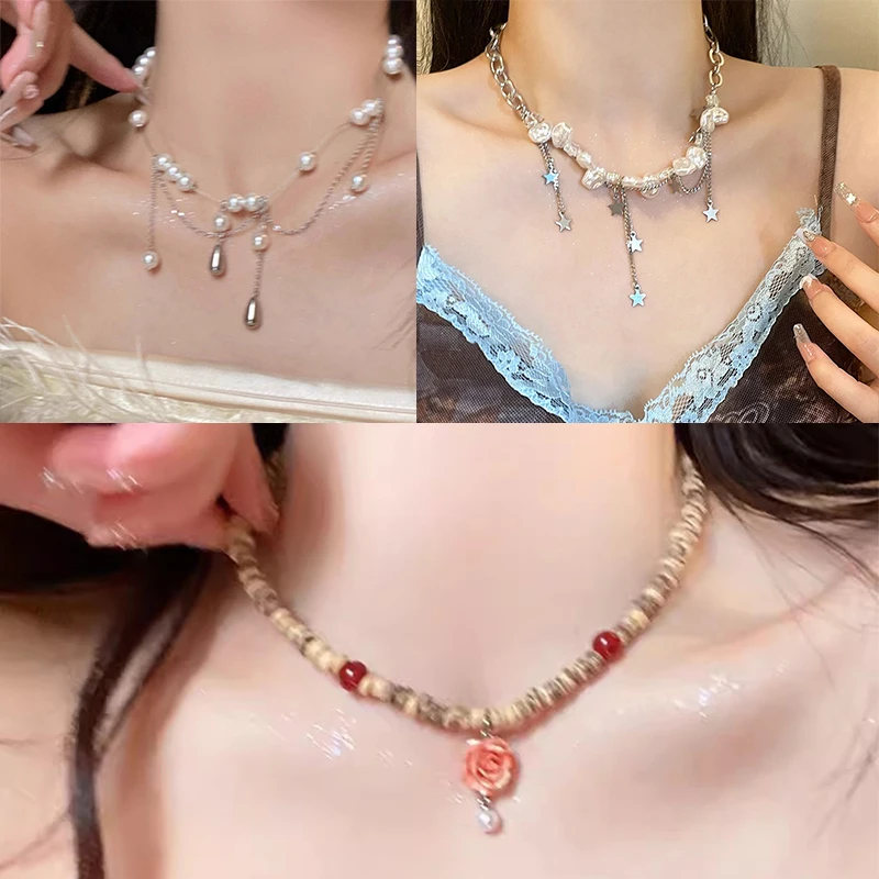 ity wyszukana słodka kropla wody perłowy naszyjnik z frędzlami dla kobiet dziewczynki moda osobowość łańcuszek do obojczyka Party biżuteria