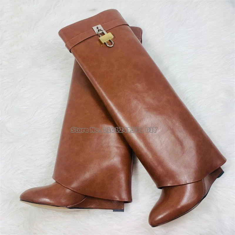 Real Leather Shark Lock Fold Overlay Knee High Wedge Heeled Boots Women Padlock Wedged High Heel Pointed Toe Boot Mujer