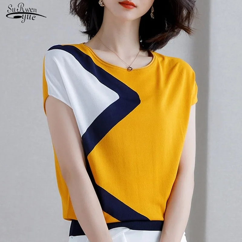 

Женская трикотажная рубашка с коротким рукавом, Повседневная Свободная тонкая рубашка из вискозы в Корейском стиле, элегантный топ контрас...