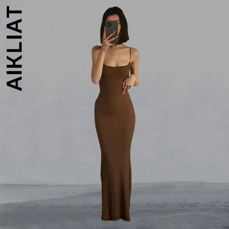 

Aikliat Women Dress Fashion Strap Backless Long Maxi Dresses Vocation Style Cheap Robe Slim Lazy Vestidos Female Clothing