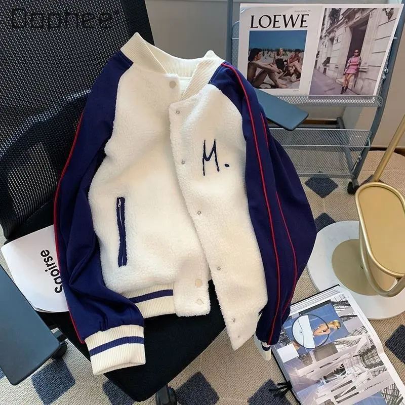 

Модное цветное контрастное лоскутное пальто из овечьей шерсти для женщин на осень и зиму дизайнерская Толстая бейсбольная форма с надписью