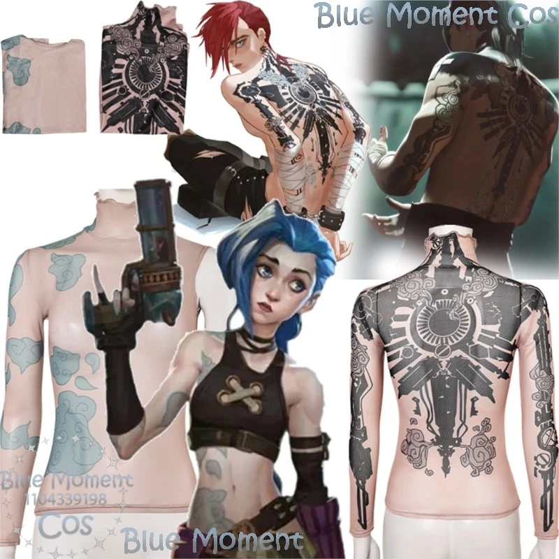 Jinx Vi Arance аниме игра LOL косплей костюм татуировка с принтом телесного цвета боди