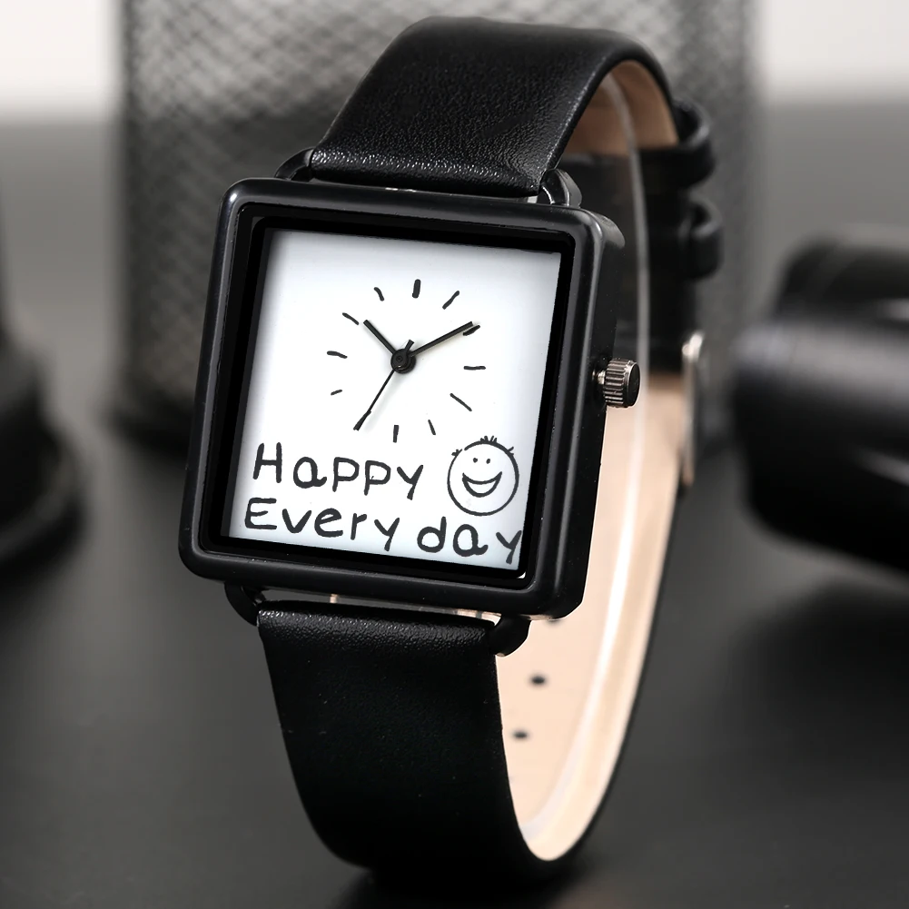 

Student Quartz Watches Creative Square Dial Black Leather Watch Band Casual Men Women Wristwatch Friendship Gifts Timepieces