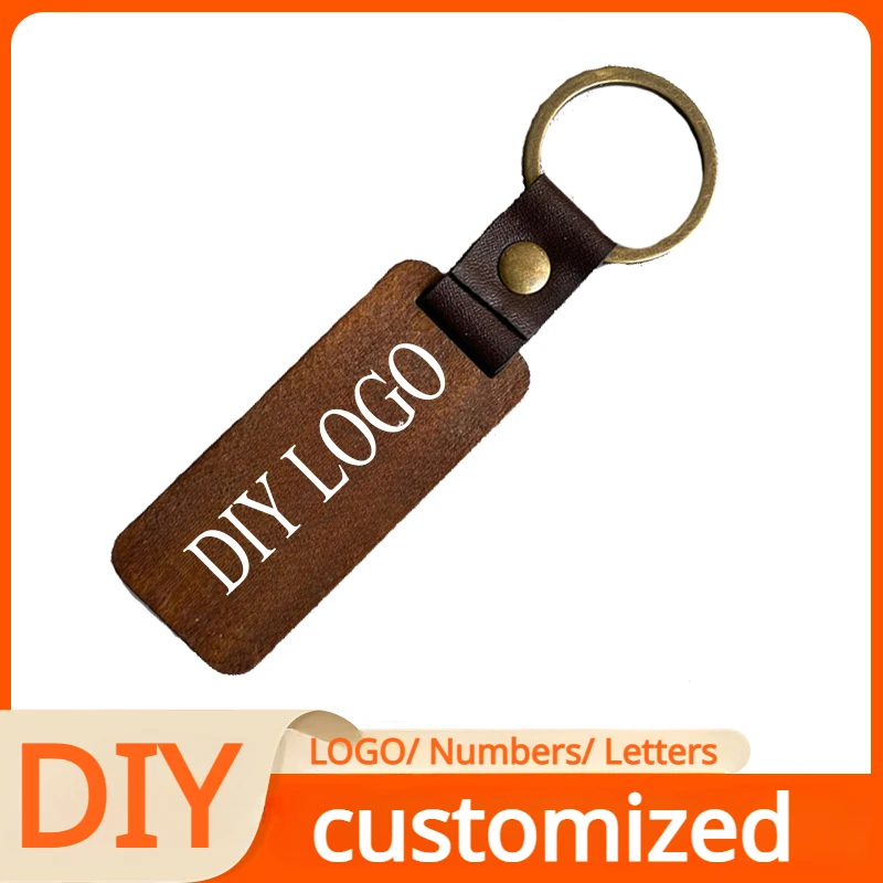 Diy Vintage Keychain Blanks  PU Leather Wooden Keyring For Men And Women Custom Letters Patterns Car Retro Key Chains Gift