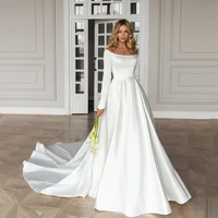 formal dress for bride satin long train with full sleeve scoop neck simple wedding gown zipper back draped white custom vestidos