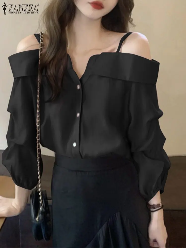 

Рубашка ZANZEA Женская с длинным рукавом, модная пикантная блузка с открытыми плечами, винтажный Топ на пуговицах, со складками, однотонная свободная туника, осень 2023