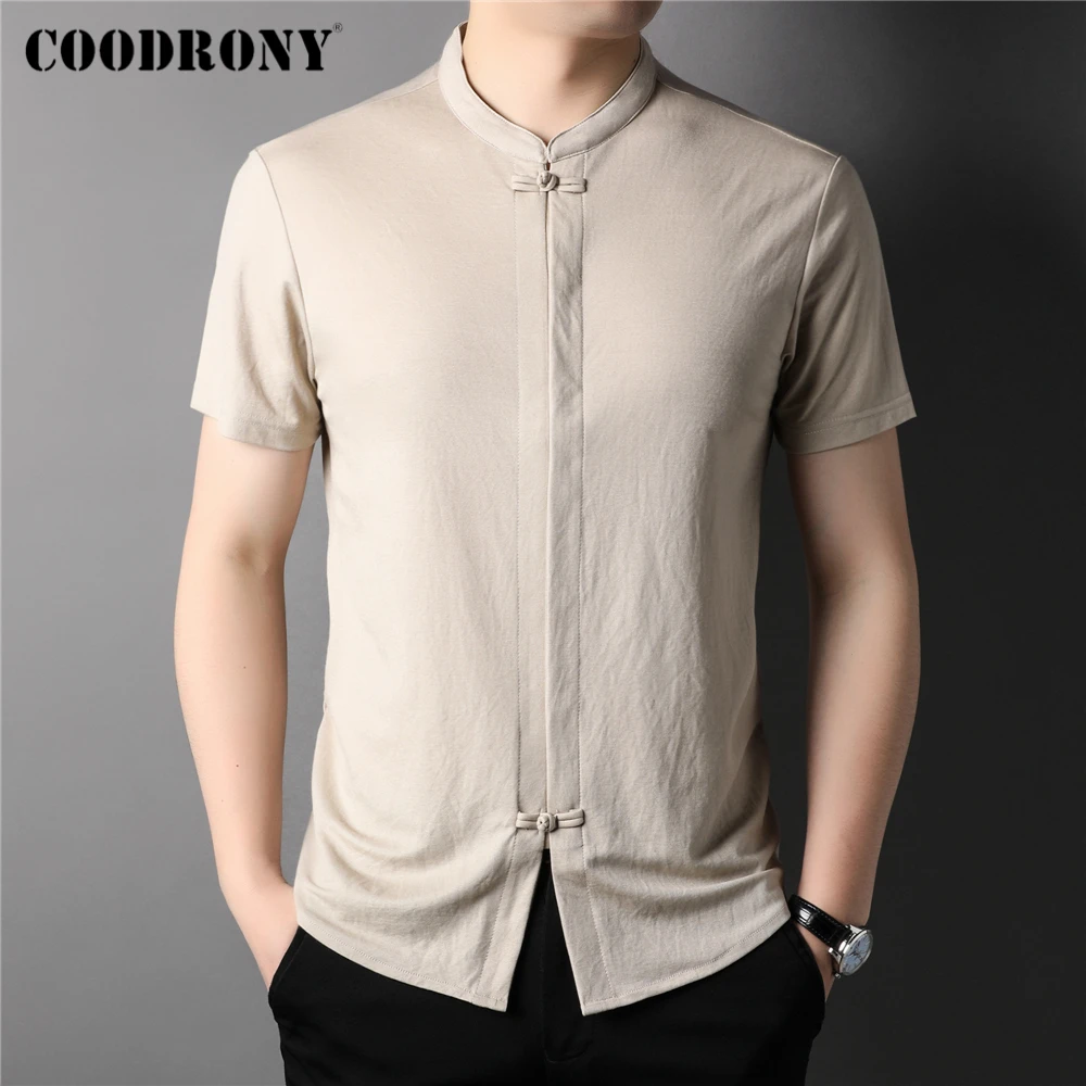 

COODRONY брендовая летняя новинка, Однотонная рубашка без воротника с коротким рукавом, Мужская одежда, повседневная Уличная рубашка, Homme Z6061S
