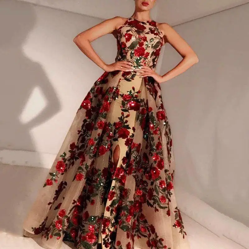 2023 new in Women Elegant A-Line Formal Dress Sexy O-Neck Sleeveless Floral With Belt  Evening Party Birthday Maxi Dresses