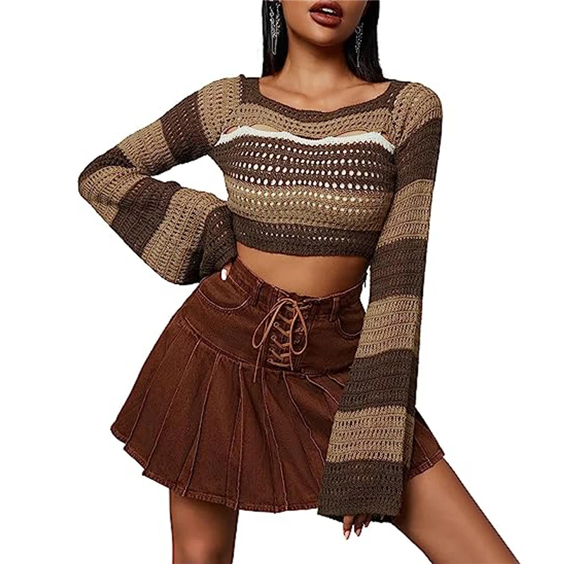 

Women y2k Crochet Knit Hollow Out Crop Top Striped Long Sleeve T Shirts Going Out Cover Ups 2000s Aesthetic Clothes Streetwear