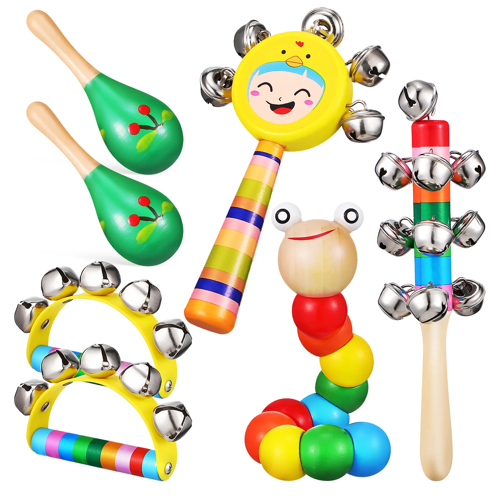 

1 Set Early Educational Instruments Wooden Maracas Hand Percussion Rattles Hand Bell