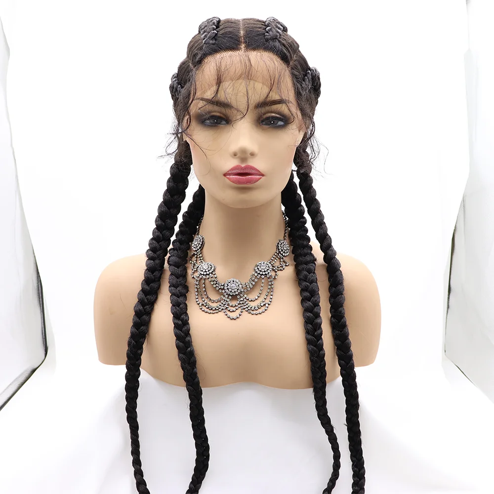 30 Inches Long 360 Lace Frontal Synthetic Braided Wigs Lace Front Dutch Twins Braids Wig With Baby Hair for Black Women