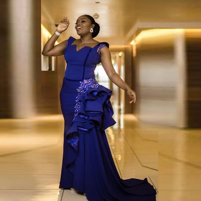 

African Mermaid Evening Dresses Ruffles Beaded Aso Ebi Prom Gowns Plus Size robes de soirée Thick Satin Women Evening Dress