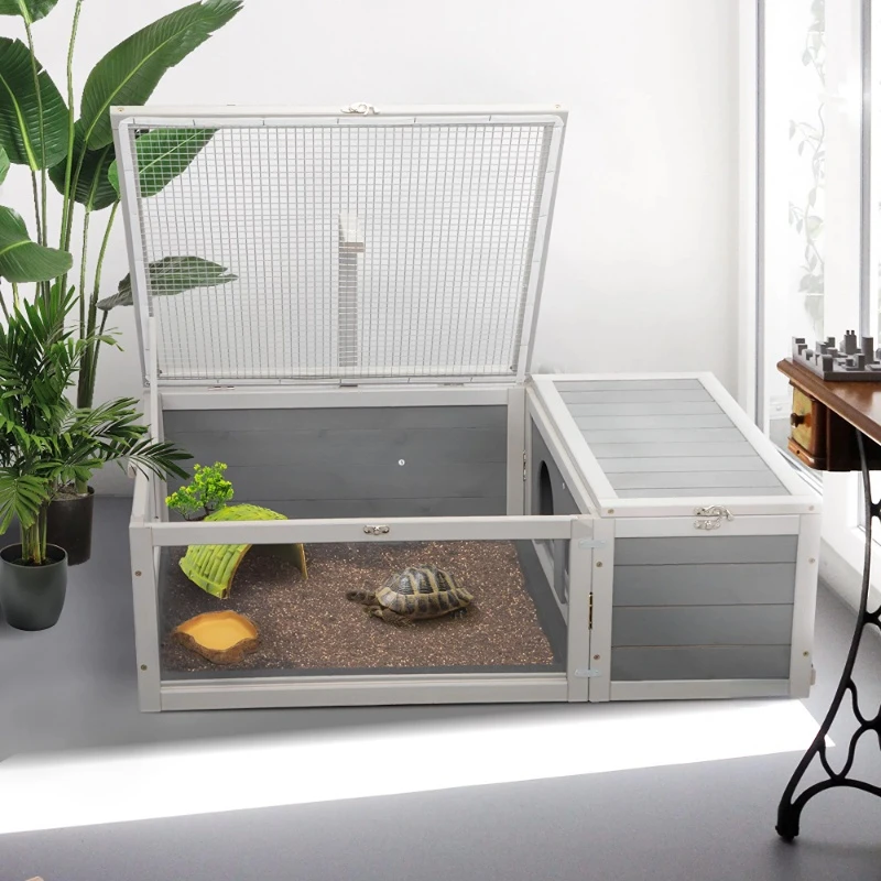 

Wooden Tortoise House Flip-Top Turtle Cage, for Reptiles and Small Animals, Gray