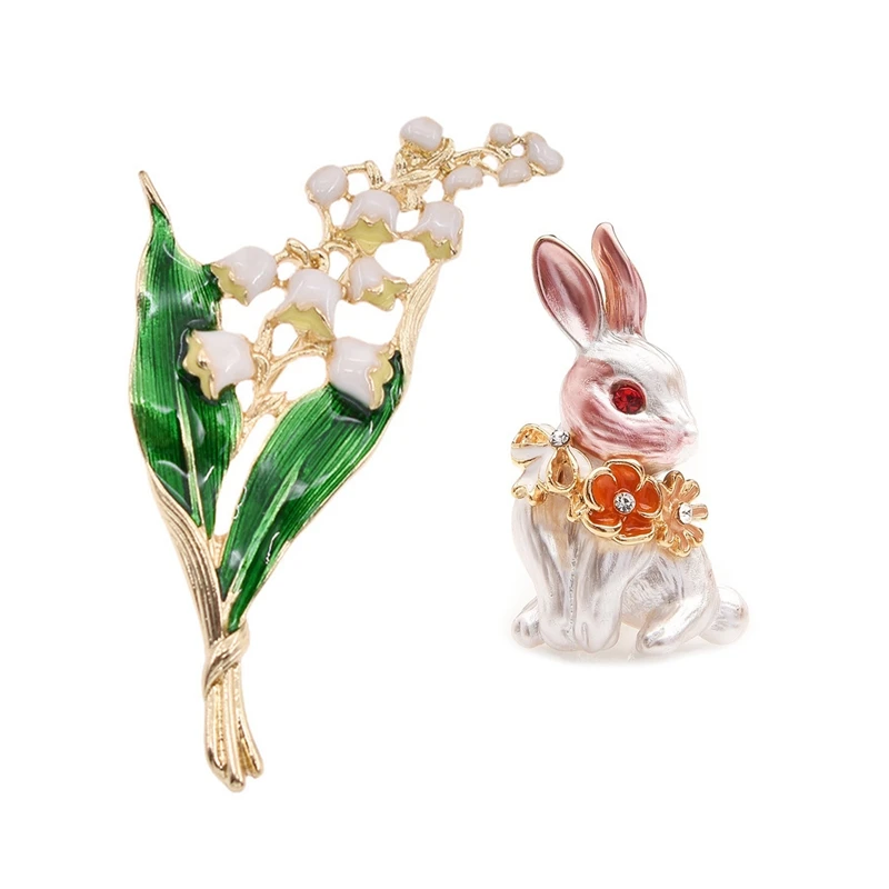 

2 Pcs Trendy Alloy Enamel Brooch Lily Of The Valley Gold Color Brooch Pin For Women White Floral Leaf & Pink Rabbit