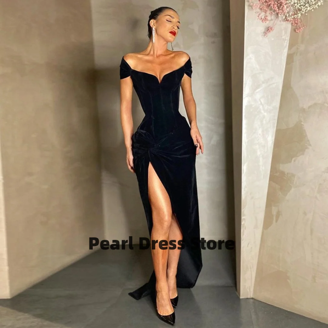 

Платье для выпускного вечера с V-образным вырезом, открытыми плечами, высоким разрезом, без рукавов, с черными складками и сексуальным полом, на молнии, для свадьбы, вечеринки 2023