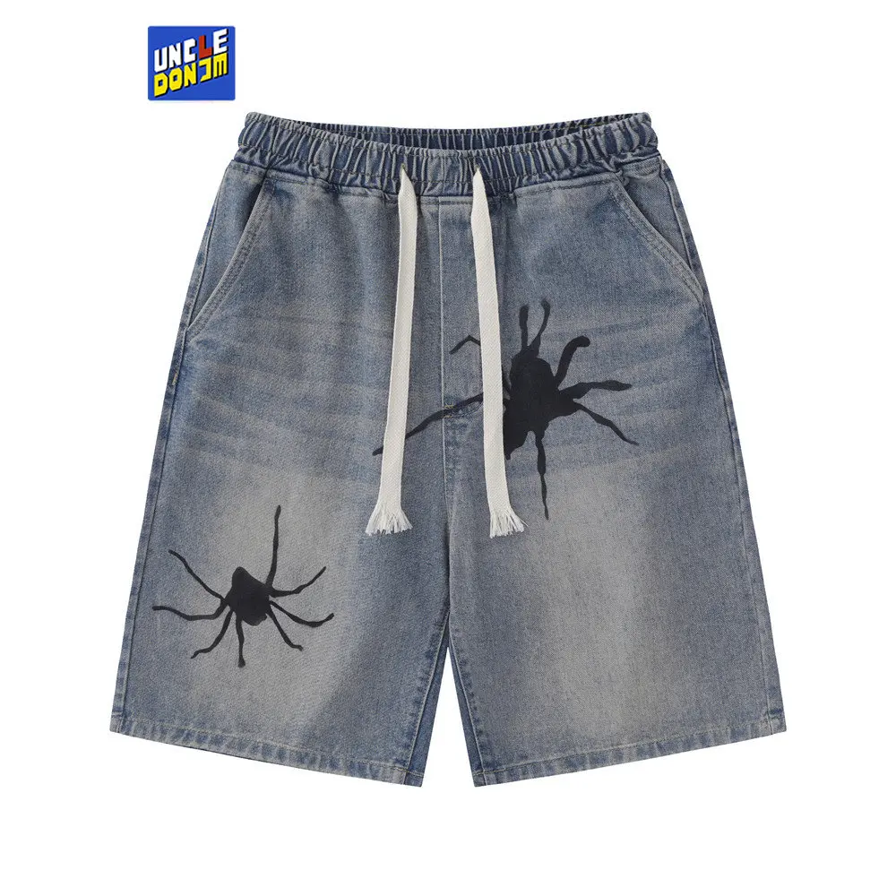 

Spider Hand Painted Denim Shorts Men's Loose High Street Straight Cropped Pants Summer Casual Wash Distressed Shorts