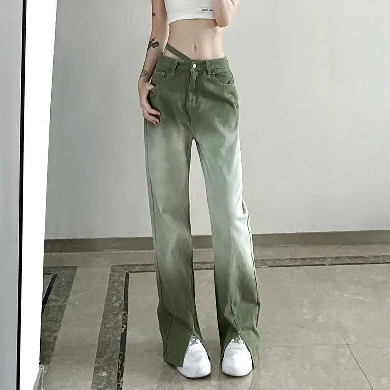 

Harajuku Denim Retro High Street Pine Green Gradient Asymmetric Sexy Leaky Waist Design Jeans Women's High Waist Loose Slit