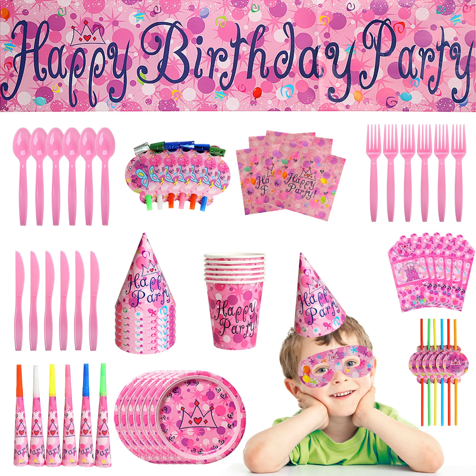 

Birthday Decoration Set Party Supplies For Birthday Decorations 71Pcs Included Banner Plates Cups Napkins Cutlery Straws Happy