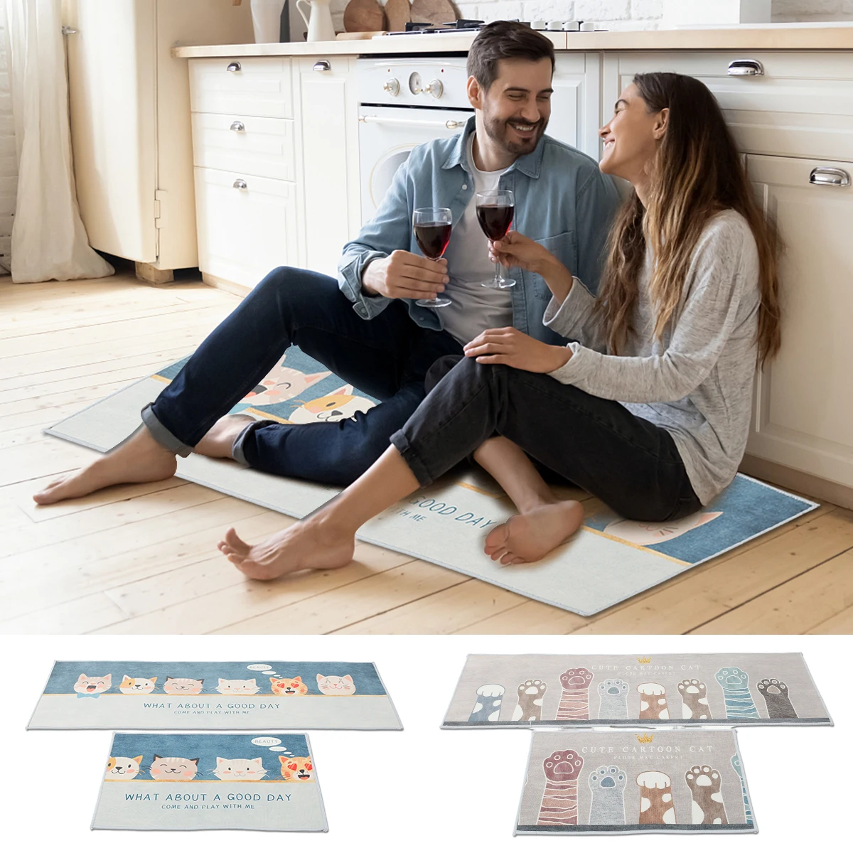 

L 2pcs Kitchen Mats Rug Set Cute Cat Anti Fatigue Standing Mat Waterproof Washable Door Carpet Doormat Non-Slip Floor Mat for