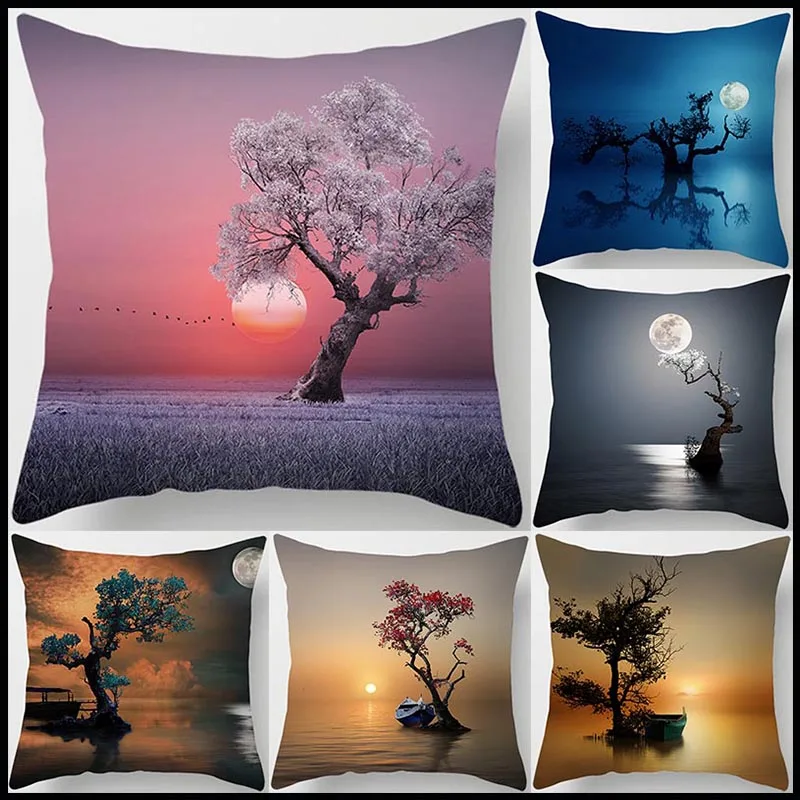 

Sunset West Hill Cushion Cover Sofa Office Pillowcase Peach Blossom Decoration Rainbow Pillowcase Home Decor