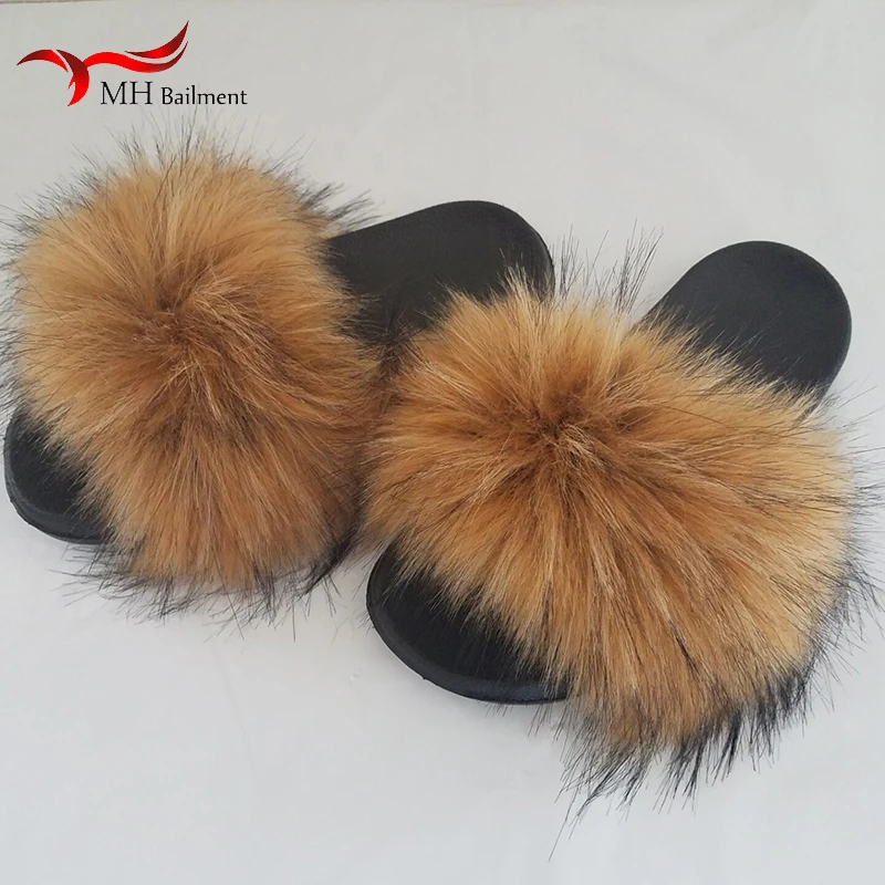 Large Flully Fur Slides For Women Indoor Shoes Faux Fox Fur Slippers Plush Sandals Flats Woman Raccoon Fur Flip Flops