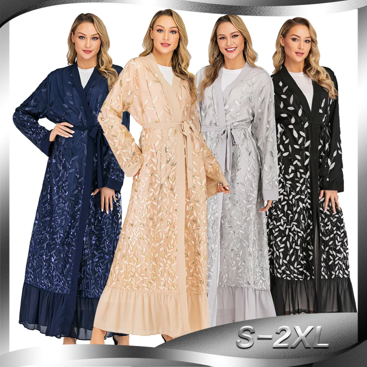 Middle Eastern Lace Cardigan Long Coat Woman Sequined Leaf Embroidery Muslim Robes Windbreaker Fashion Maxi Trench Coat