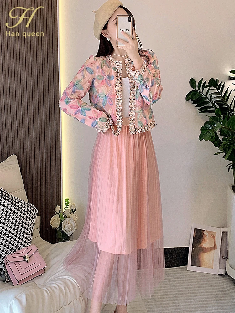 

H Han Queen 2022 Autumn Winter Vestidos Korean 2 Pieces Cardigan Coat And Mesh Fashion A-Line Dress Women Party Casual Dresses