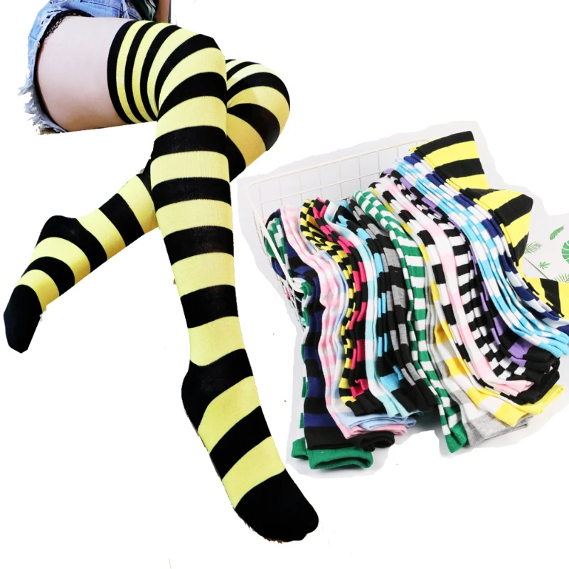 Fashion Cute Women Girls Kawaii Lolita Cotton Long Striped Thigh High Stocking Anime Cosplay Over Knee Socks