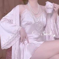 qweek nighty for ladies hot romantic white dress women silk nightgown two pieces sleepwear princess lace pajamas summer autumn