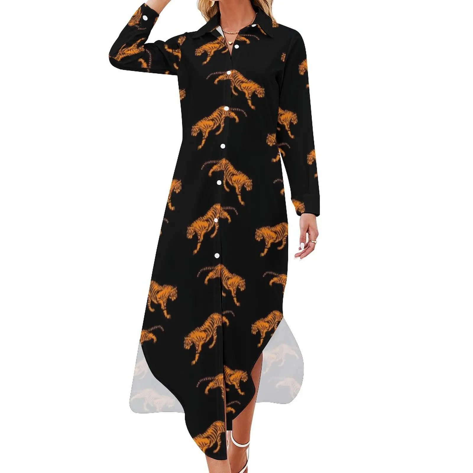 

Stalking Tiger Chiffon Dress Wild Animal Print Elegant Dresses Street Wear Casual Dress Female Sexy Custom Clothes 3XL 4XL 5XL