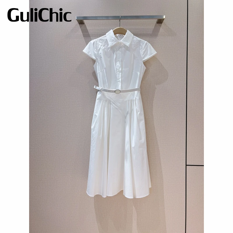 

5.28 GuliChic Women Embroidery Pleated Design White Temperament Elegant Cotton Collect Waist Dress With Belt