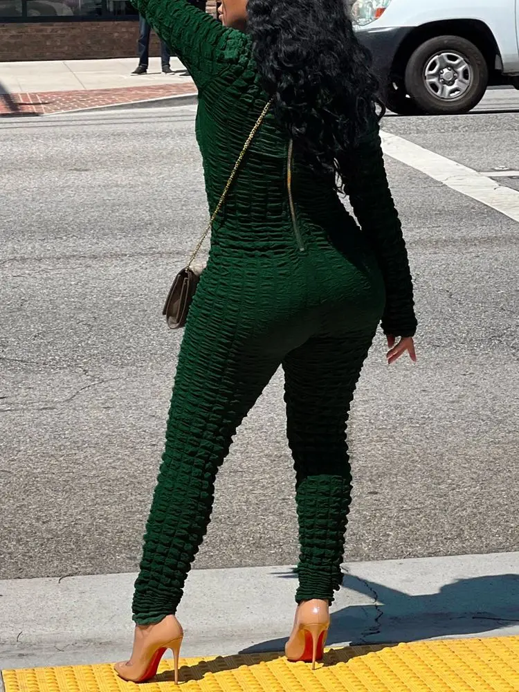 New Fashion Women Casual Mock Neck Slim Fit Skinny Oneice Daily Wear Long Sleeve Textured Zip Back Jumpsuit
