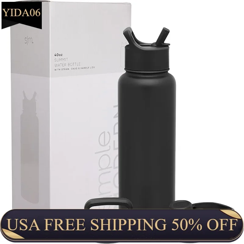 

Modern Water Bottle with Straw, Handle, and Chug Lid Vacuum Insulated Stainless Steel Metal Thermos Bottles | Large Leak