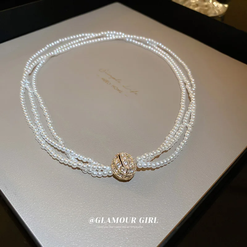 

French retro temperament pearl diamond ball necklace women's simple design sense of personality fashion multi-layer necklace
