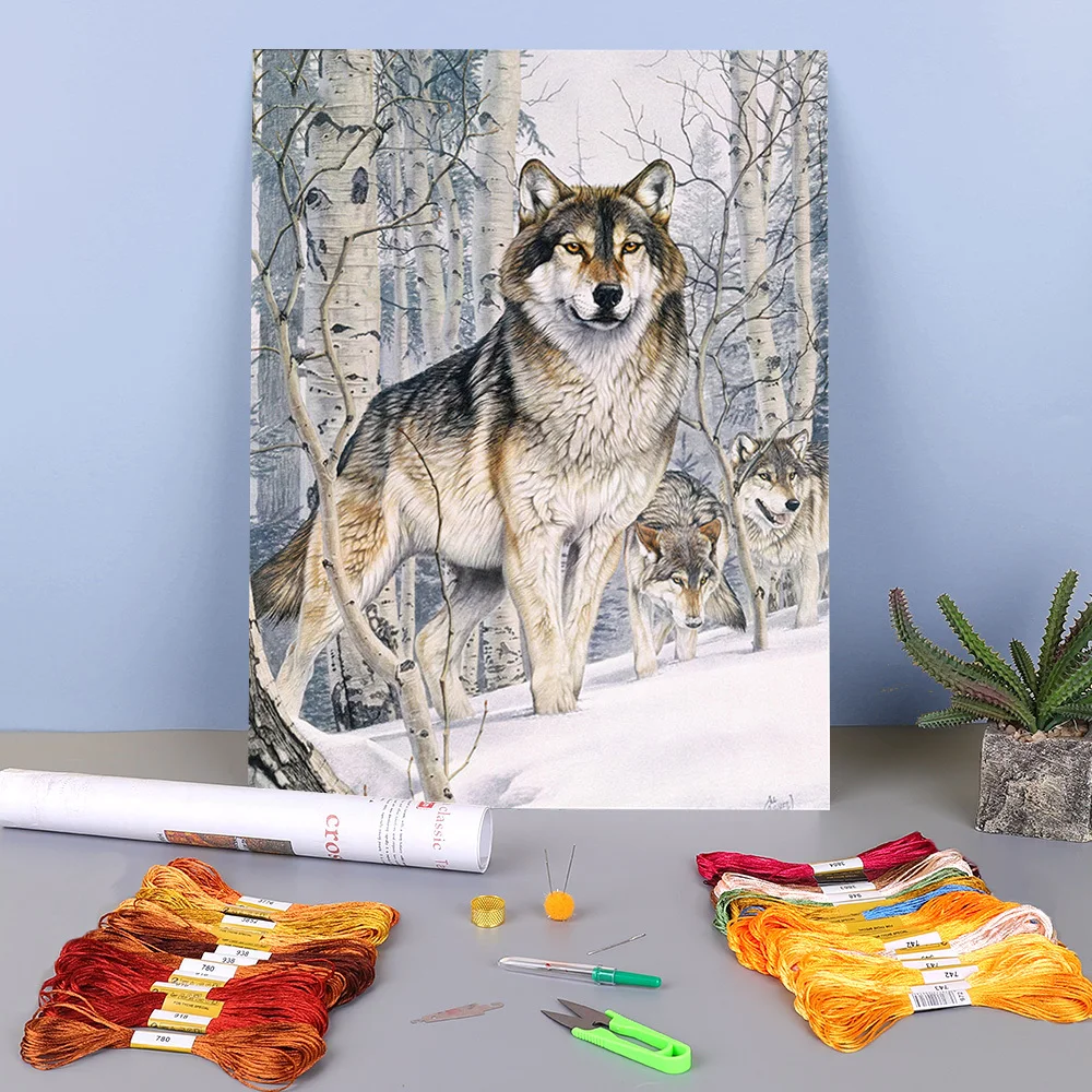 

Wolf Animals Winter Printed Water-Soluble Canvas 11CT Cross-Stitch DIY Embroidery Full Kit DMC Threads Sewing Package