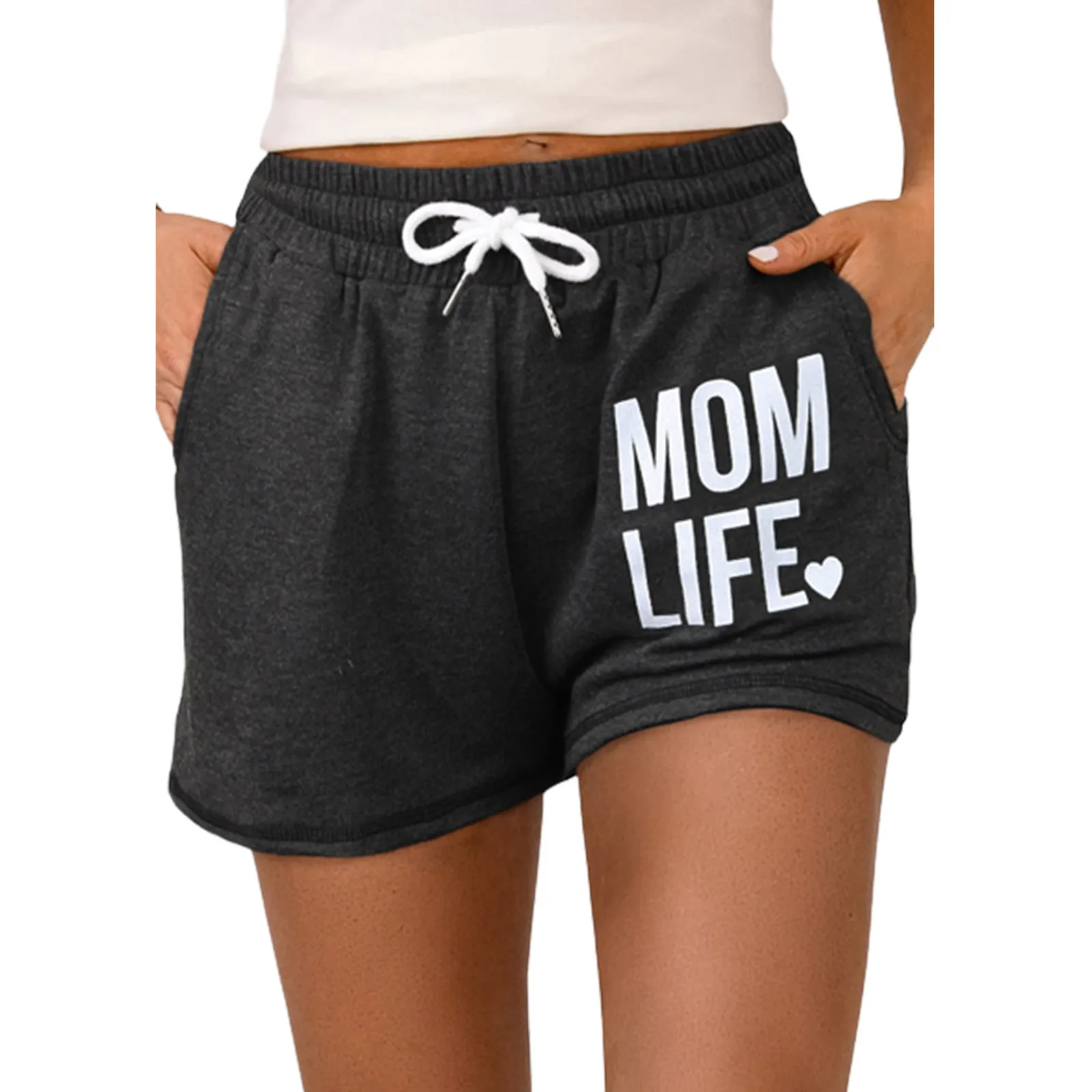 Women Casual Pocket Drawstring Shorts Dark Grey Elastic Waist Wide Leg Shorts Female Tracksuit Workout Bottoms Shorts Female