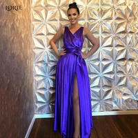 lorie shiny dark blue evening dresses bow pleats v neck birde party gowns side slit saudi arabia celebrity prom dress plus size