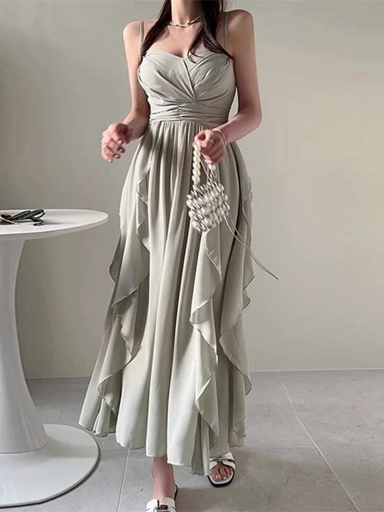 

GUUZYUVIZ Elegant Spaghetti Strap Fold Tierred Ruffles Dresses For Women 2023 Summer Off Shoulder Slim Waist Party Dress