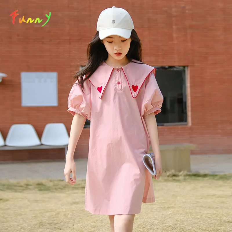 

Preppy Style Summer Dress for Kids Girls 2023 Cotton Puff Sleeve Children Clothing Fashion Embroidery Toddler Shirt Dresses