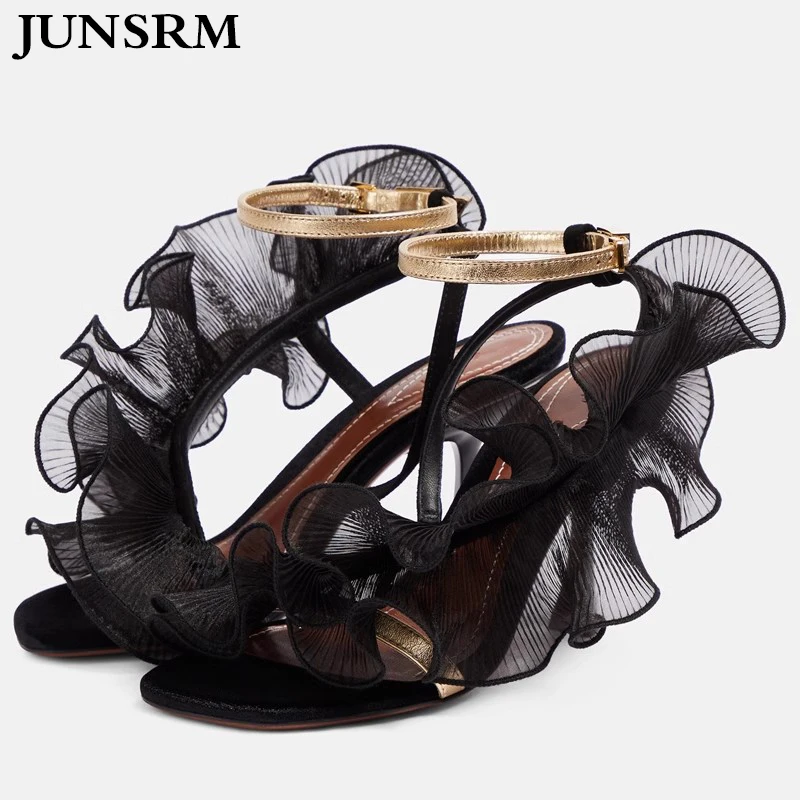 

Босоножки женские на шпильке с открытым носком, пикантные туфли на высоком тонком каблуке, с цветочным принтом, с кружевом, сандалии с ремешком, лето