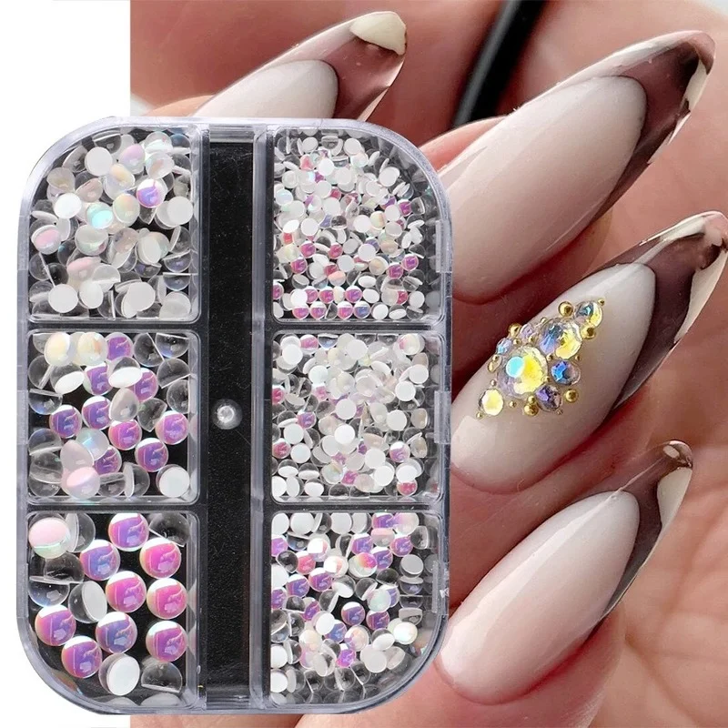 

6Grids Solid Color Mocha Beads Boxed Mermaid Dream Flat Glass Drill Nail DIY Ornament For DIY Valentines Nail Accessories
