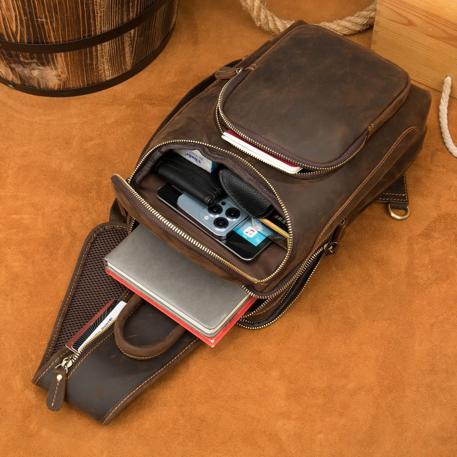 Crazy Horse Skin Men's Chest Bag Retro Large Capacity One Shoulder Crossbody Bag Head Layer cowhide men's leather Chest Bag W106