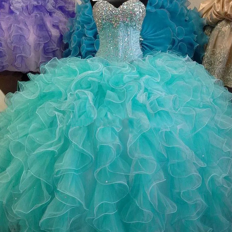 

ANGELSBRIDEP Sparkly Ball Gown Quinceanera Dresses 15 Party Puffy Organza Ruffles Crystals Beaded Formal Princess Birthday Gowns