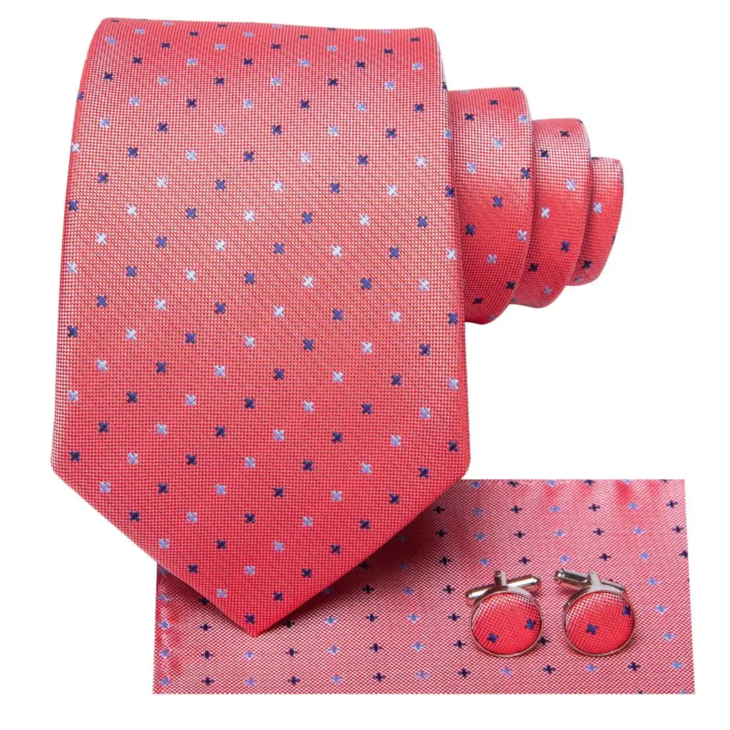 Coral Pink Dot Silk Wedding Tie For Men Handky Cufflink Gift Mens Necktie Fashion Designer Business Party Dropshiping Hi-Tie | Аксессуары