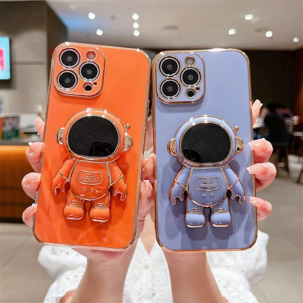 

Astronaut Fold Stand Holder Case for iPhone 14 13 12 11 Pro Max Mini XS XR X 7 8 Plus SE 2020 Luxury Plating Soft Cover